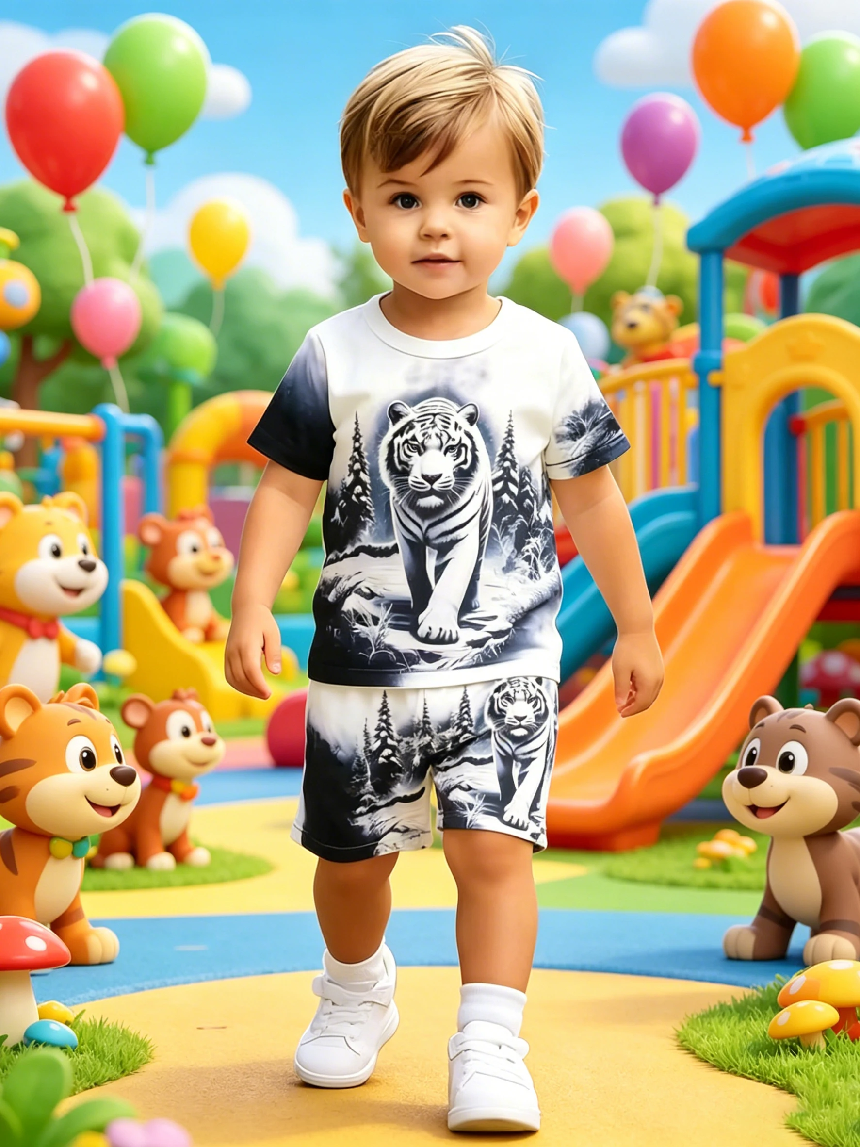 Summer New Arrival Boys Ink Wash Tiger All Over Print Short Sleeve Shorts Set