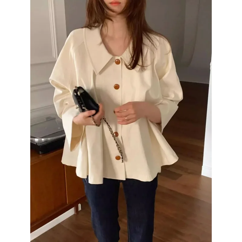 韓国風シックな秋のフレンチラペルオーバーサイズルーズジャケット万能シャツ