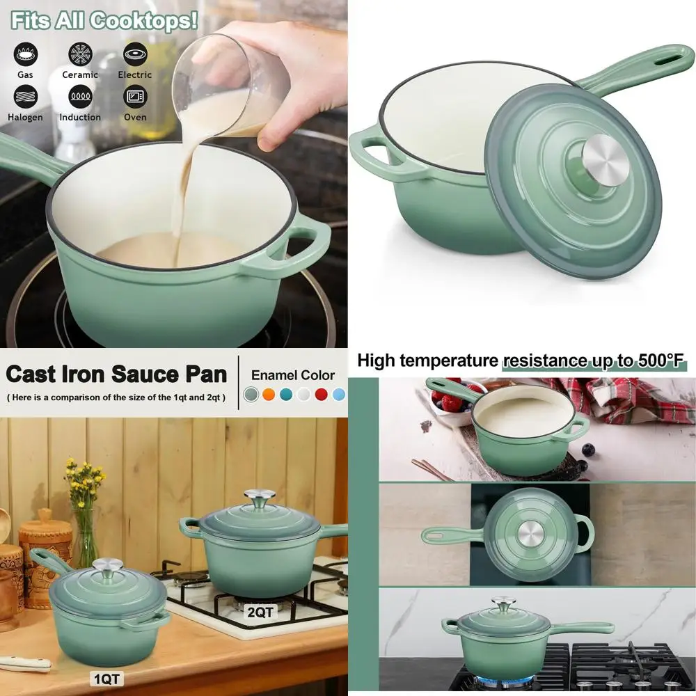 

2 Quart Enameled Cast Iron Saucepan with Lid, Suitable for All Cooktops, Ideal for Pasta and Sauces, Up to 500°F, 6.7Lbs, Pistac