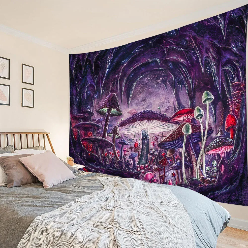 Psychedelic mushroom tapestry, fantasy, cartoon, bohemian, mandala, wall decoration, hippie, witchcraft, home art decoration