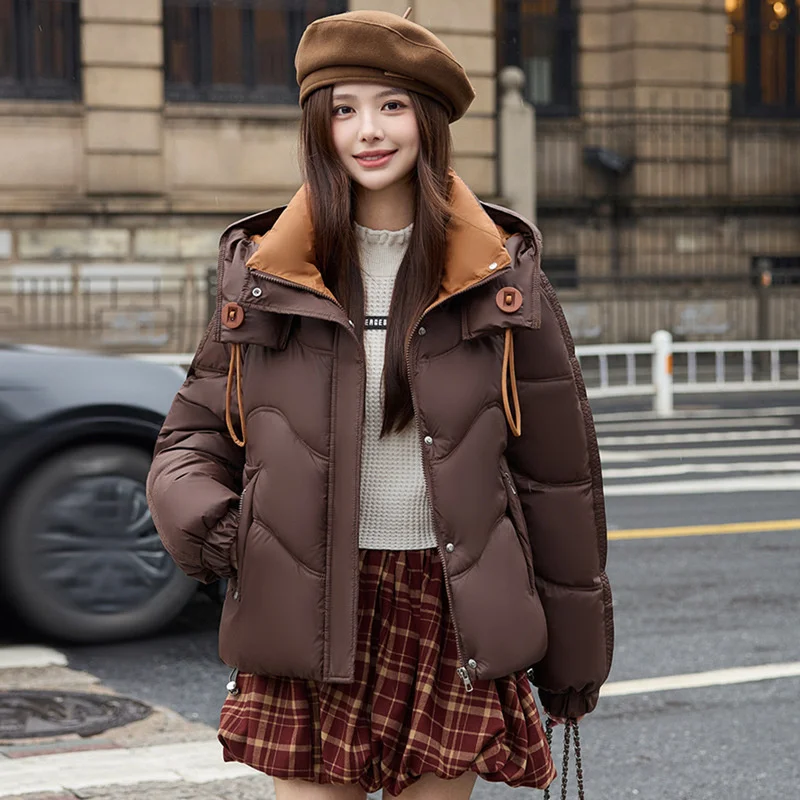 2025 moda feminina contraste cor com capuz parkas casaco curto algodão-acolchoado jaqueta solta outerwear estudante engrossar roupas de pão