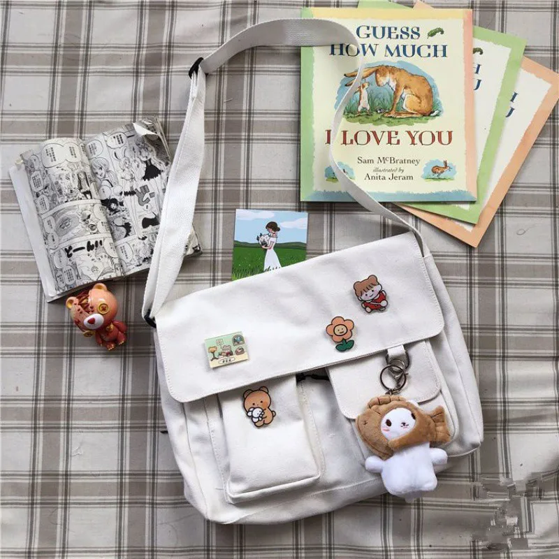 Japanische Harajuku niedlichen Retro Mädchen Umhängetasche schicke Abzeichen Leinwand Cross body Schult aschen Student einfarbige Umhängetasche Schulranzen – Detail 12