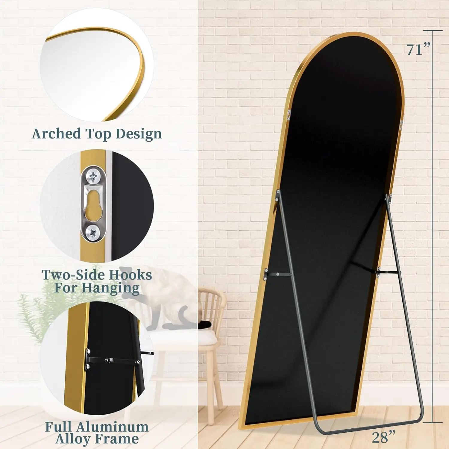 [Vendita calda! ]Specchio a figura intera con supporto, specchio da pavimento con struttura in alluminio ad arco da 71"x28", grande corpo intero, Freestan