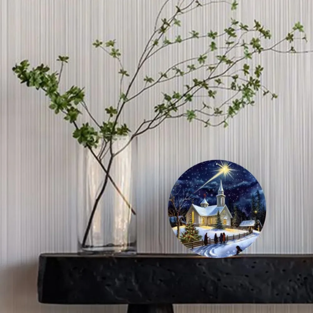 علامة ألومنيوم ساحرة للمشهد الليلي لعيد الميلاد، ديكور حائط معدني مستدير للمنزل والمكتب، هدية مثالية للعطلات
