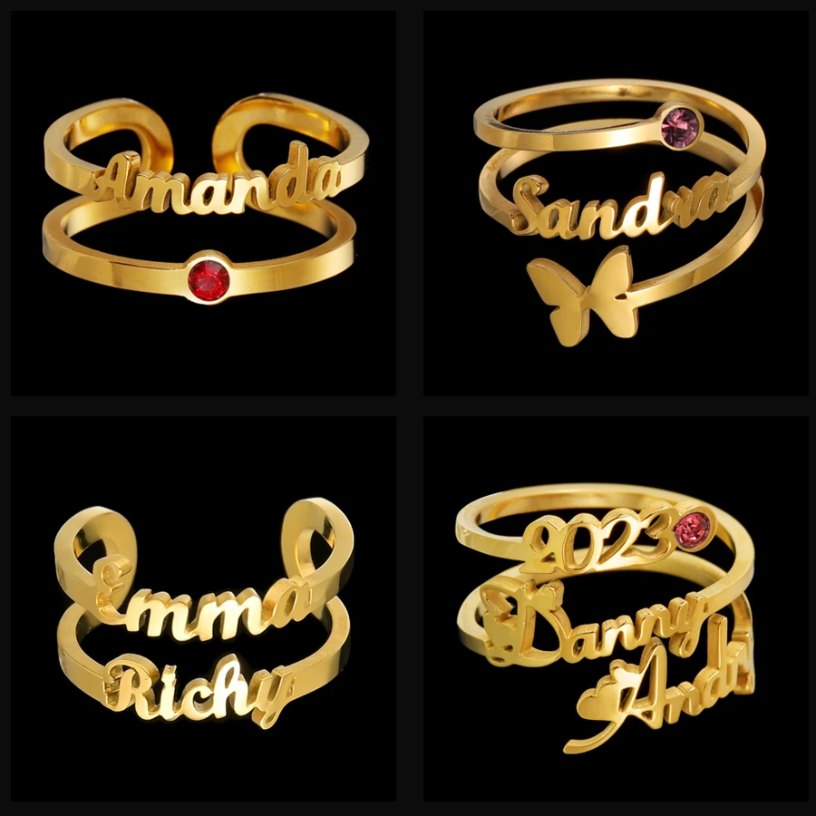 Acheerup Personalized Custom Name Couple New Rings for Women Stainless Steel Red Stone Butterfly Wedding Ring Jewelry Men Gift