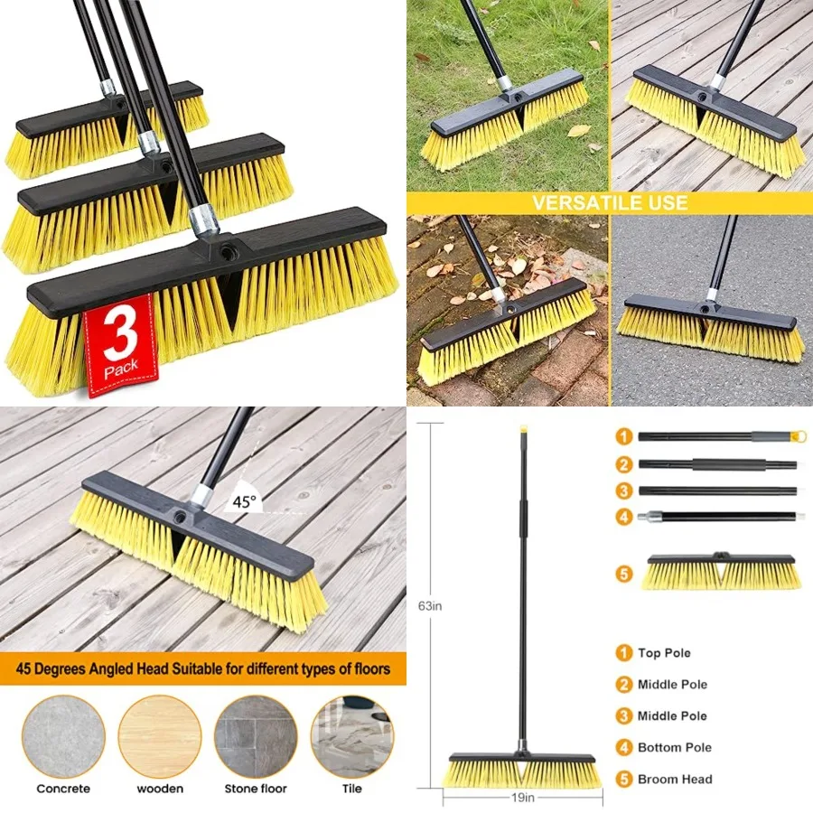 

ch Push Broom Outdoor- Broom with 6 Long Handle for Deck Driveway Garage Yard Patio Concrete Floor Cleang