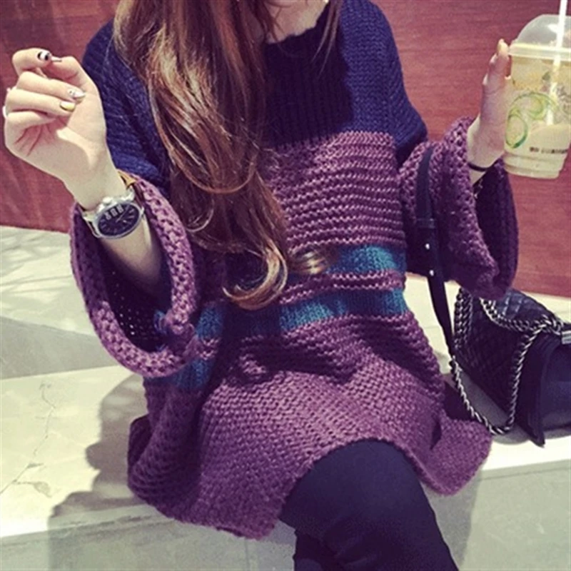 

Korean Fashion Flare Sleeve Striped Sweaters For Female Autumn Winter Casual Trend Round Neck Knitted Pullovers Women's Clothing