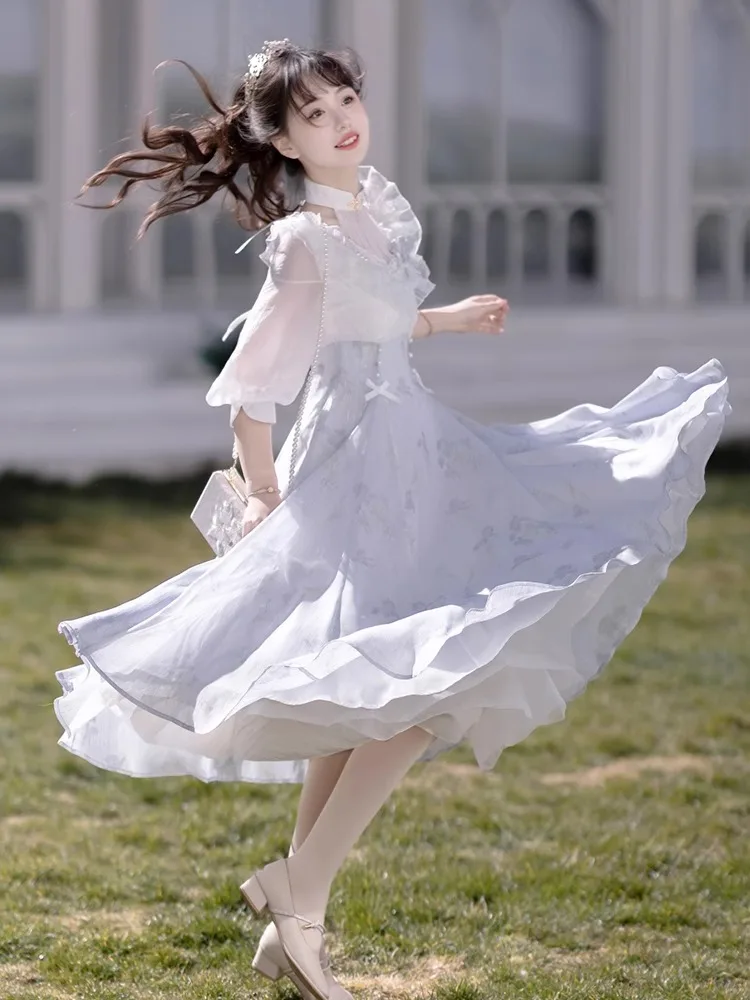 

Sweet Lace Half Sleeve Floral Bow Slim A-line Midi Dresses for Women Elegant Vintage Birthday Party Princess Dress New Fashion