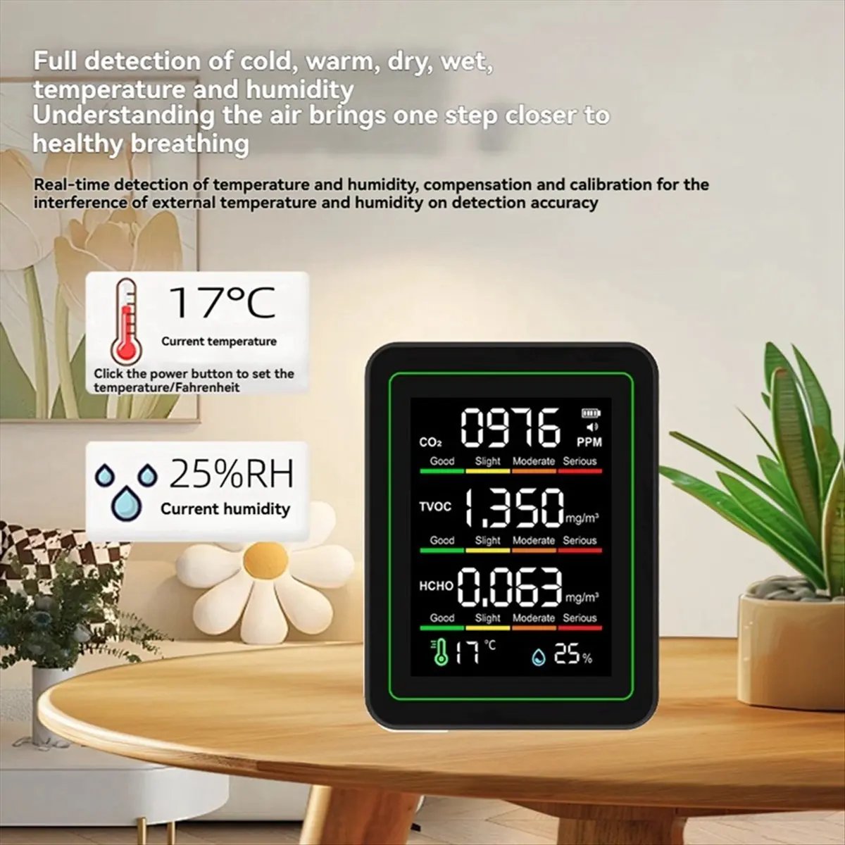 Goodprice Indoor Air Quality Monitor,CO2 Monitor/Temperature/Formaldehyde Detector TVOC for Rooms,Grow Tents with Bracket Black