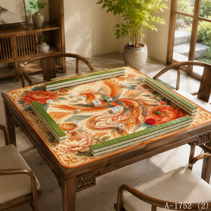 VIKAMA Peony Phoenix Mahjong Table Mat Non Slip Square Game Pad Chinese Retro Oriental Game Table Decor Cover