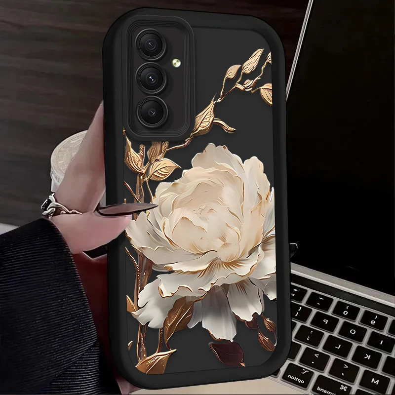 Fashion Metal Lotus Phone Case for Samsung Galaxy A35 A55 A15 A25 A16 A06 A05 A05S A24 A13 A23 A12 A22 A32 A52 A71 A51 4G Cover