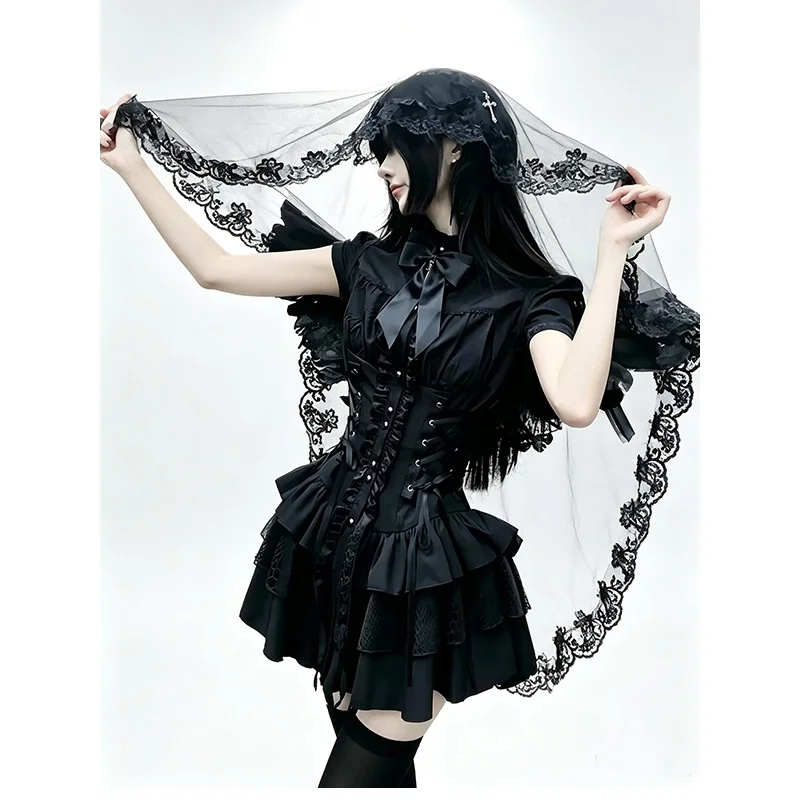 Jirai Kei Women Dress Kawaii Lolita Y2K Gothic Cute Japanese Style Elegant Short Sleeve Black Sweet Casual Aesthetic Mini Dress