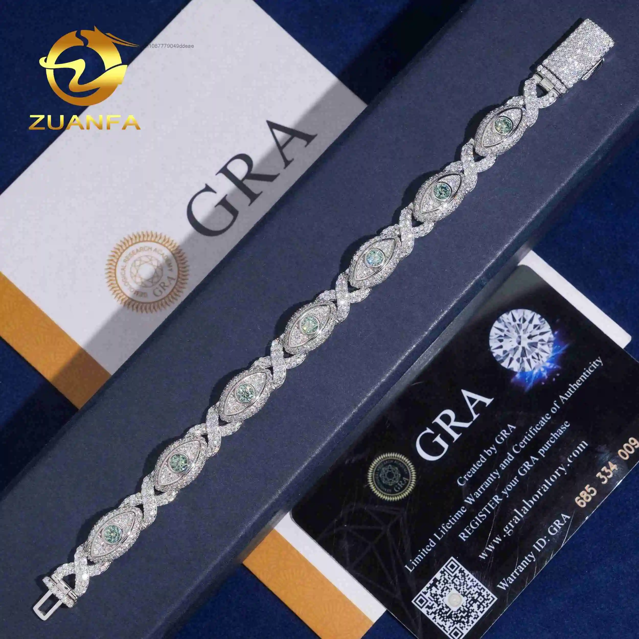 Hop Hip Jewelry 8mm Blue Green Eyes Shape VVS Moissanite Cuban Link Bracelet 925 Silver Moissanite Iced Out Bracelet Men Women..
