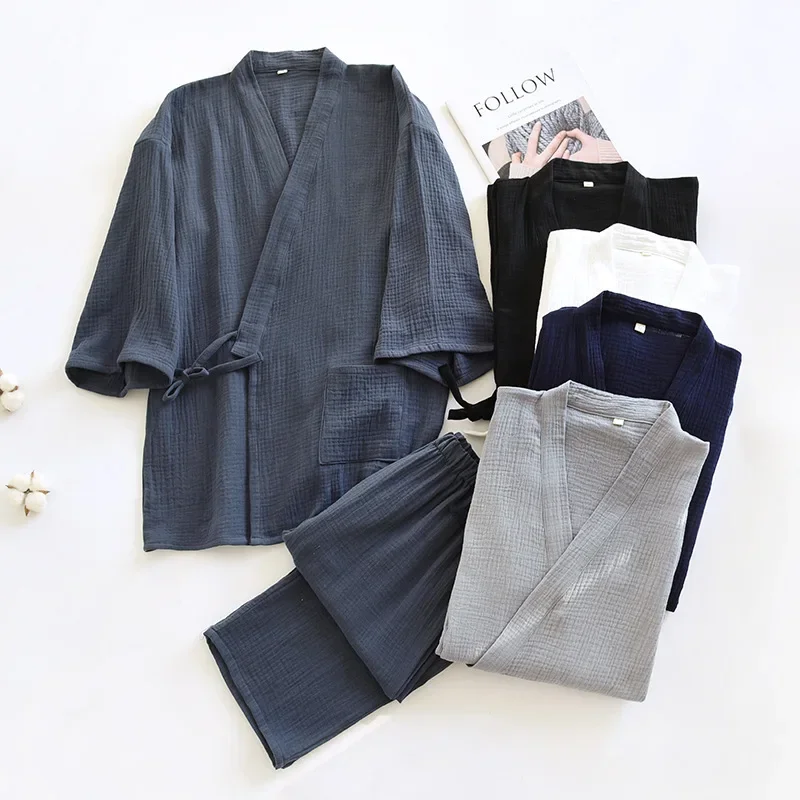 Large Size Kimono Cotton Pjamas Robes with Pocket and Long Pants 2 Pcs Pajamas Set for Men Sleepwear Clothes