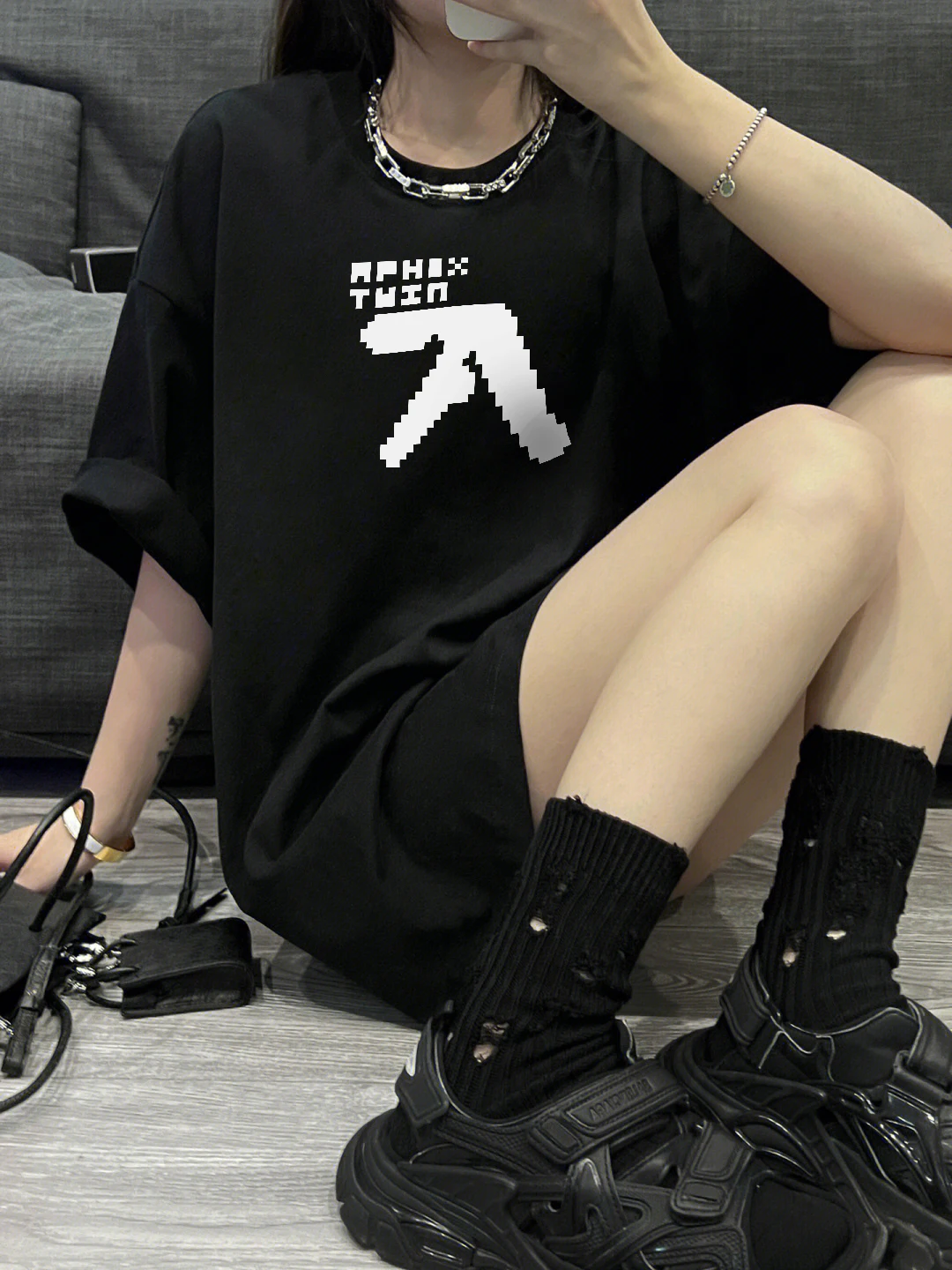 Harajuku Oversize Vintge Uomo Tshirt Lettera Aphex Twin Stampa Unisex T-shirt a maniche corte in cotone Vestiti Goth Y2K Streetwear Magliette e