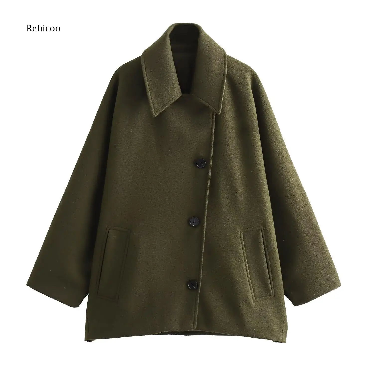 Fall Winter Solid Wool Blend Coat For Women Lapel Collar Asymmetrical Buttons Side Pockets Relaxed Fit Long Sleeve Outerwear