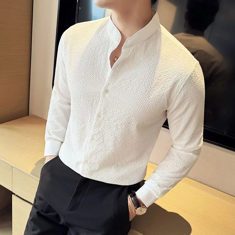 Chinese Style Stand Collar Long Sleeved Shirt for Menhigh-end Casual Business Dress Shirts Elastic Seersucker Shirt Men Clothing