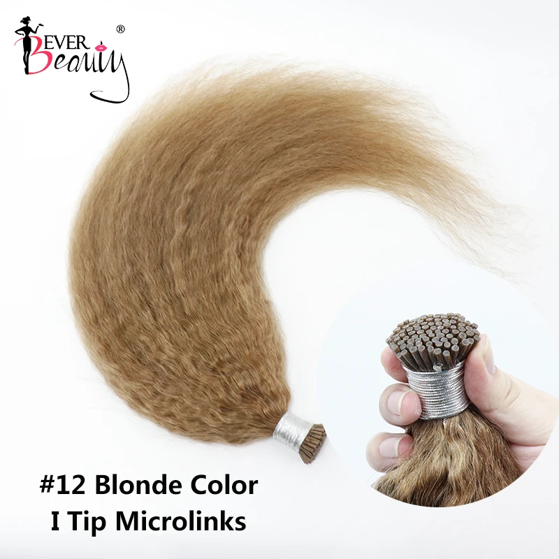 

Blonde #12 Color Kinky Straight I Tip Microlinks Hair Extension Human Hair Brazilian Virgin Bulk Hair For Black Women EverBeauty