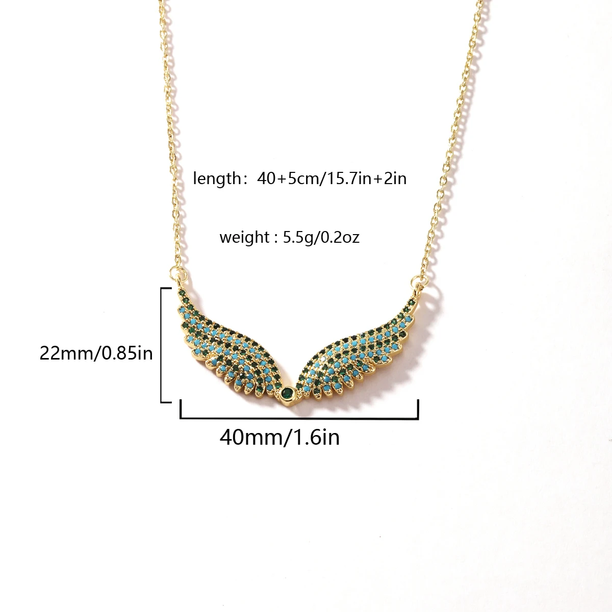 Engelsflügel-Halskette Vollbesetzt mit Zirkonia Feder-Anhänger Edelstahlkette Gold Silber Mehrfarbig Türkis Rosa Kristall Choker – Detail 3