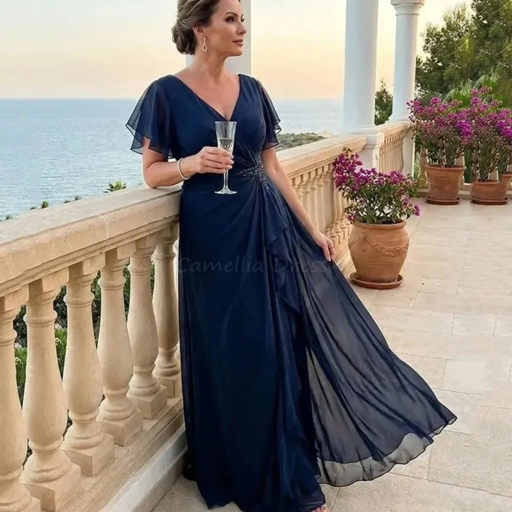 Mother of the Wedding Dress V Neck Customized A Line Chiffon Formal Gown Short Sleeve Evening Robe Invitée Mariage