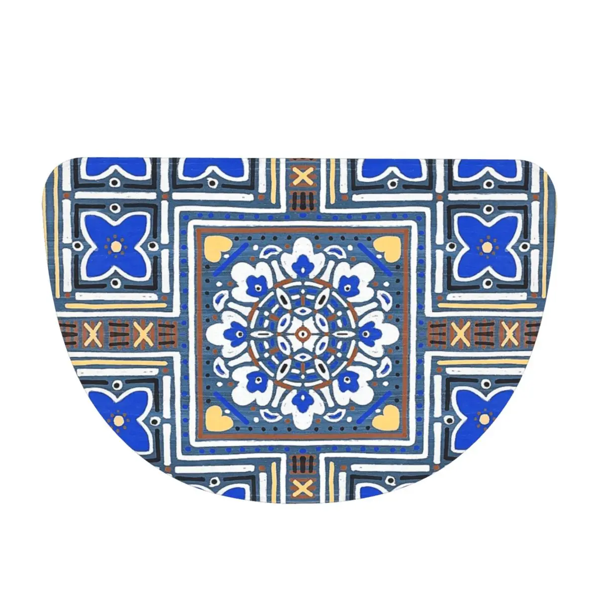 Blue Portuguese Azulejos On Wood Soft Flannel Half Round Doormat Non Slip Bathroom Mat Absorbent Floor Carpet for Garage