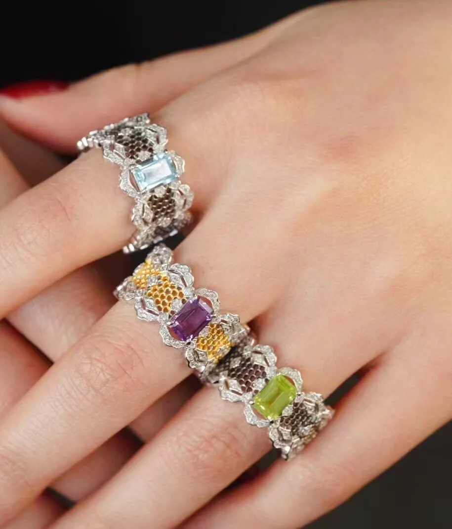 

Certificated 925 Silver Natural Topaz Lace Rings Black Gold Modellato Tulle Hollow Finger Band For Women Wedding Bridal Jewelry