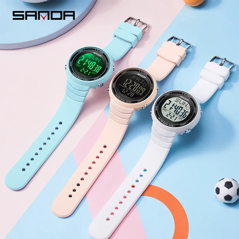 SANDA 트렌디 학생 스포츠 디지털 시계 실리콘 스트랩 카운트다운 발광 50M 방수 시계 남녀 공용 전자 시계