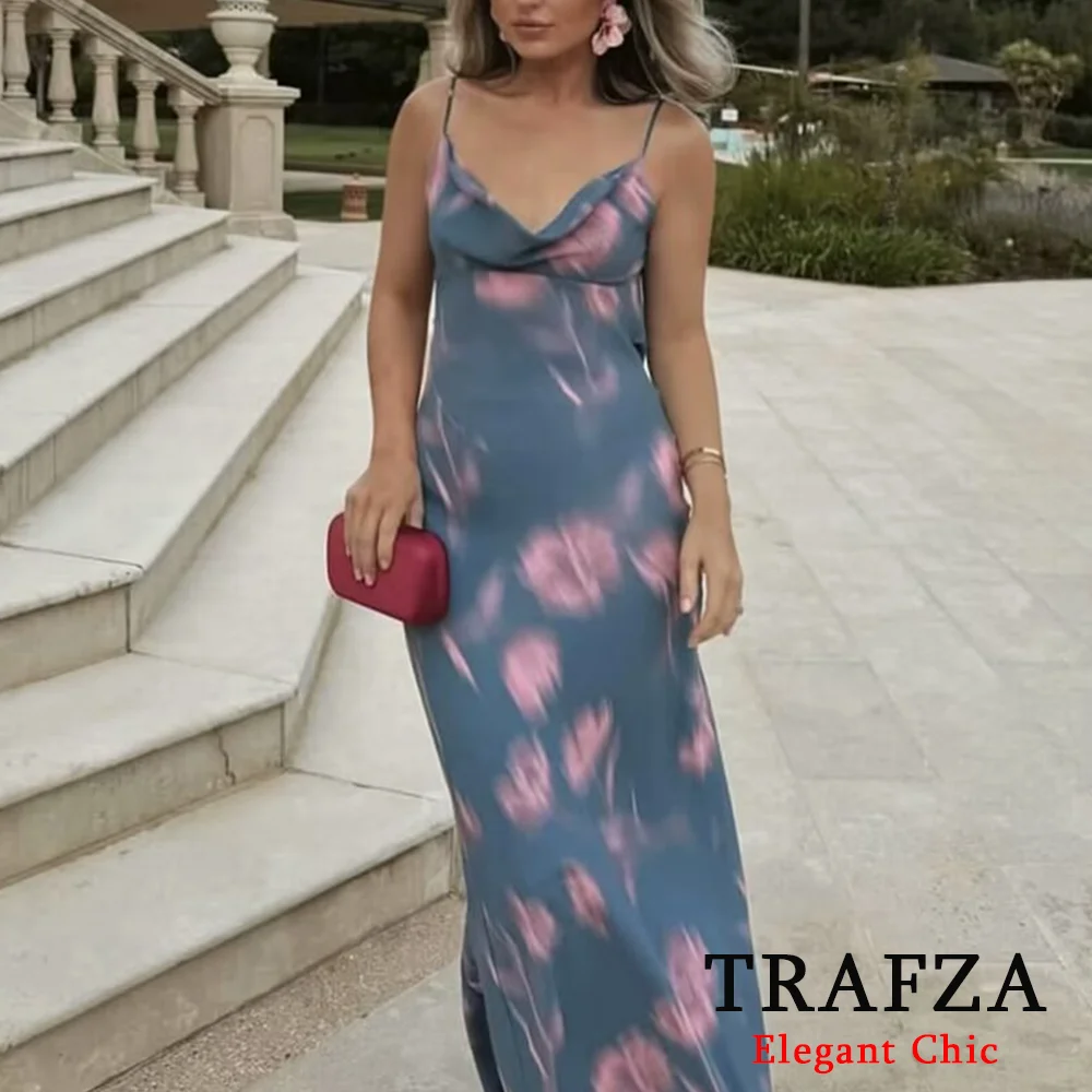 TRAFZA-vestido Midi Vintage con estampado de flores para mujer, moda de verano, cuello drapeado, pradera, elegante, Fiesta en la playa, vacaciones, 2024