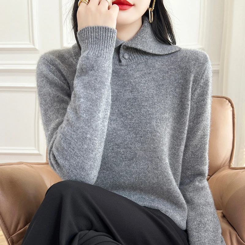 Fashion Thickened Turn-over Collar Woolen Cashmere Sweater 100% Merino Wool Pullover Long Sleeves Solid Color  Clothing Top
