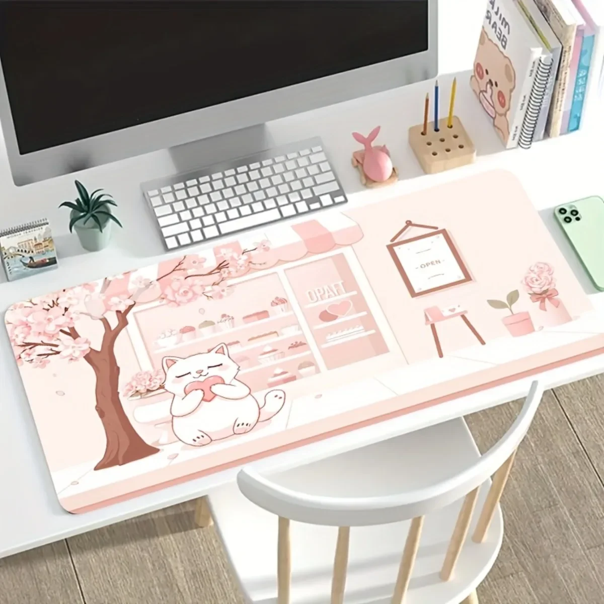 Kawaii Cat Sweets Gaming Mouse Pad Pink Cafe Donut Pattern Non-Slip Rubber Base Desk Mat for Laptop Office Setup