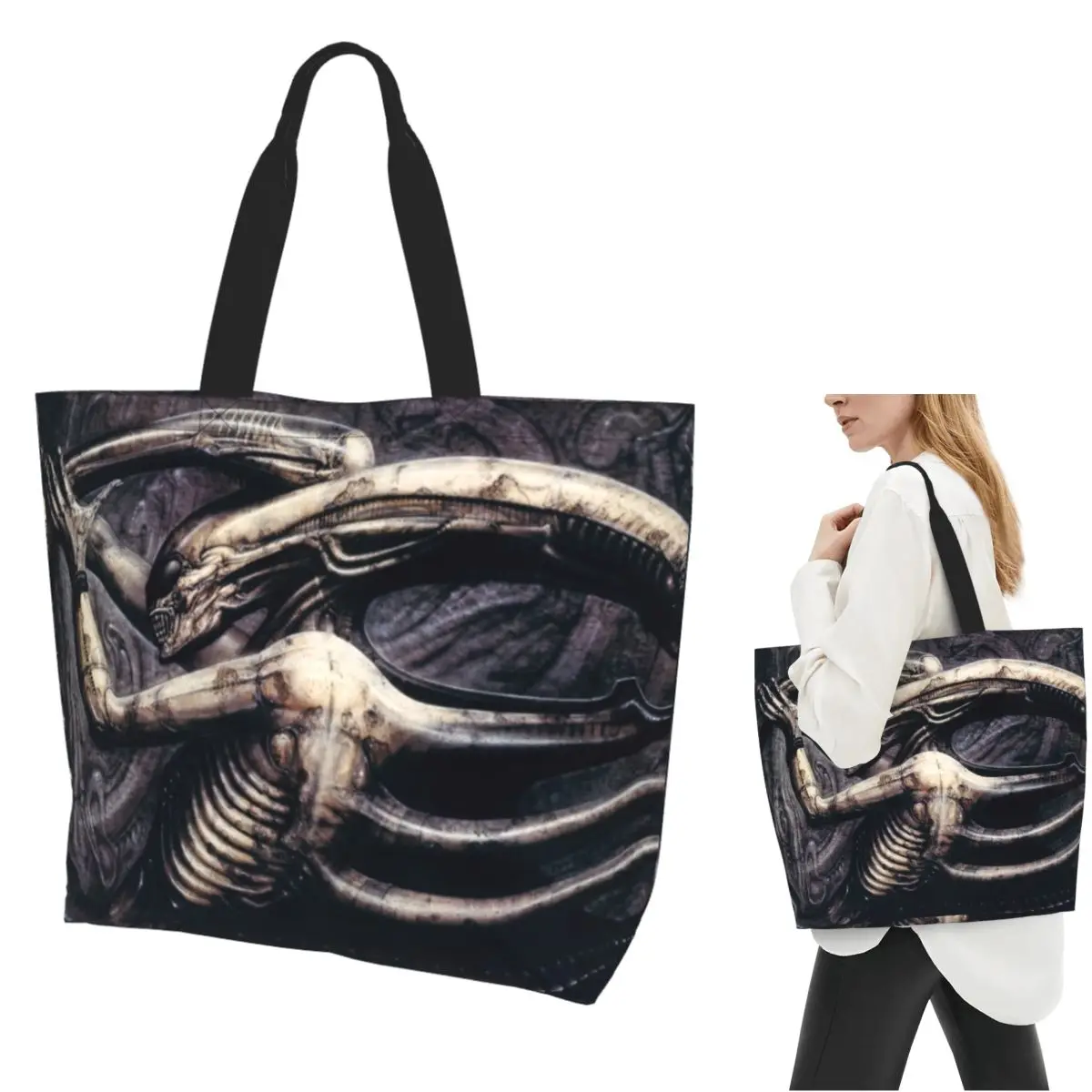 

Alien Xenomorph HR Giger Shopping Tote Bag Canvas Large Capacity Shoulder Bags Shopper Grocery Handbag for Women