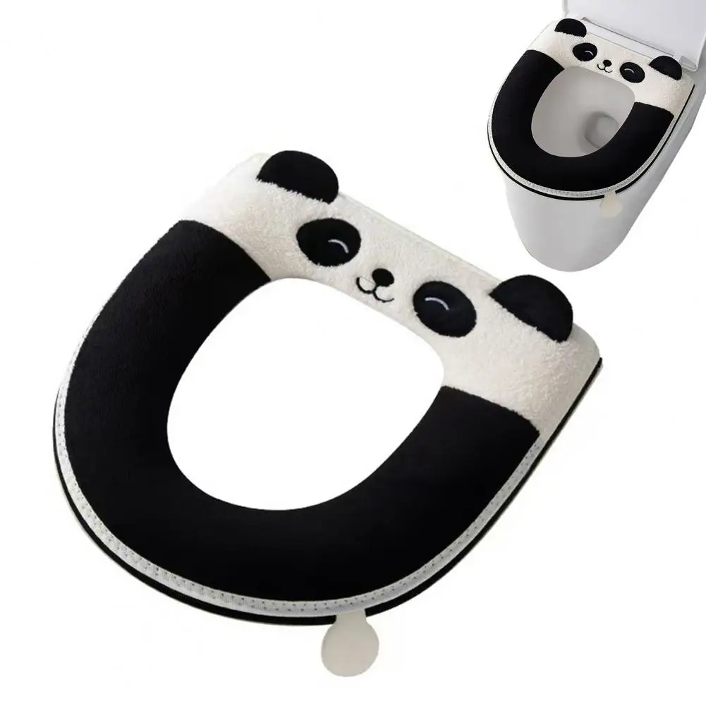 Winter Toilet Mat Thickened Velvet Toilet Seat Cover with Handle Cartoon Panda Bathroom Mat Soft Absorbent Dorm Hotel
