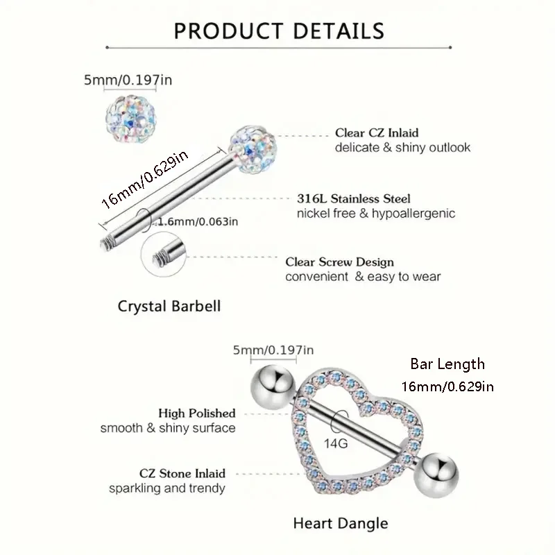 2 أزواج 14 جرام الفولاذ المقاوم للصدأ الحديد حلقات للحلمات من الفولاذ مع الراين المبهر بلينغ نمط الحلمة ترصيع اللسان ثقب المجوهرات