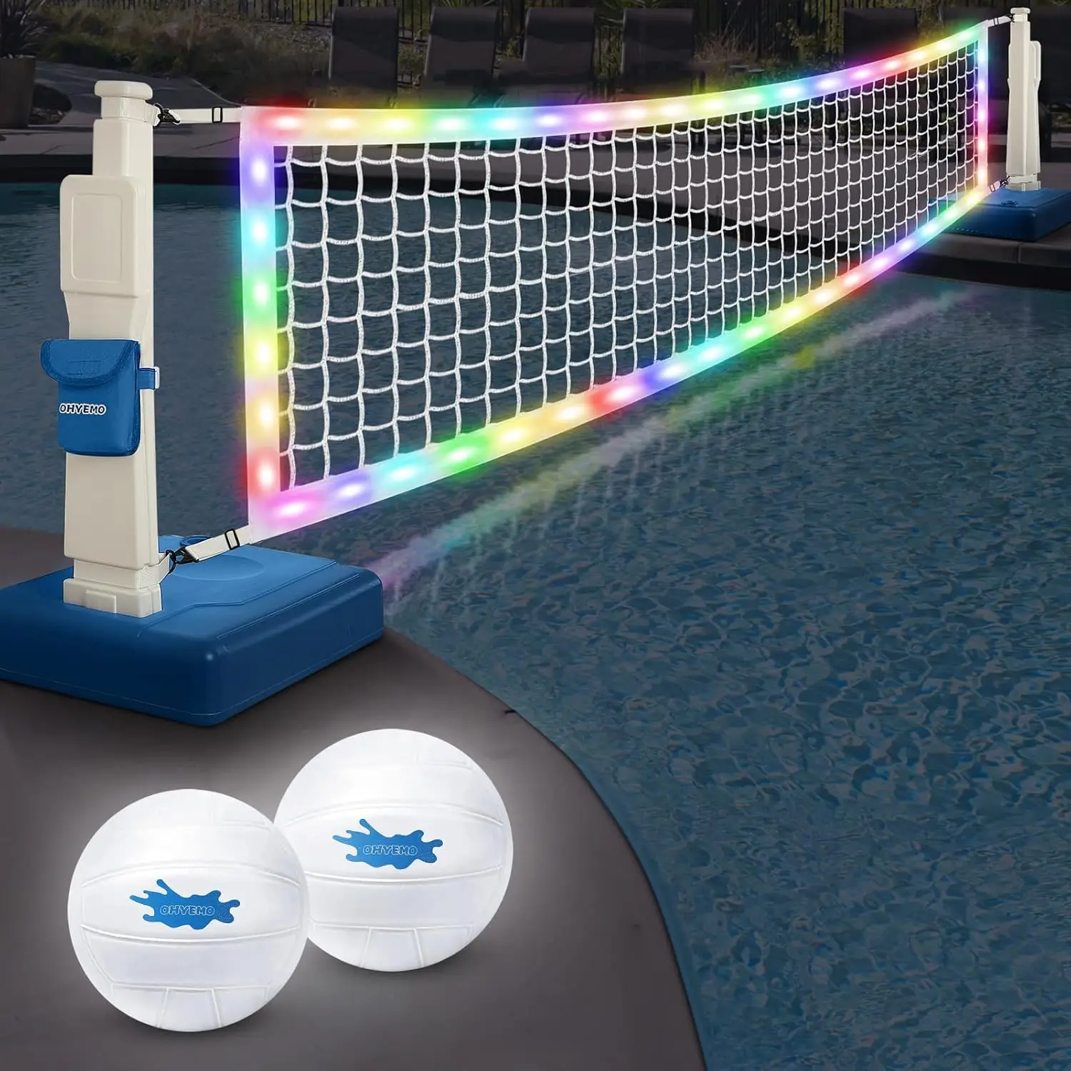 LED-Illuminated Pool Volleyball Net Set - Includes 2 Glowing Water Balls, Adjustable Net & Air Pump, Swimming Sports Game for Adults & Teens, Inground Pool Party Toy