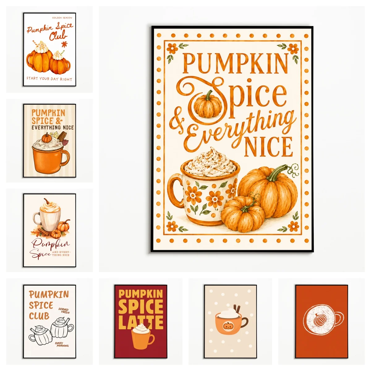 1PC Affiche de café au latte aux épices de la saison automne, Art mural nordique de la récolte de Thanksgiving, Décoration de cuisine, Impression sur toile sans cadre