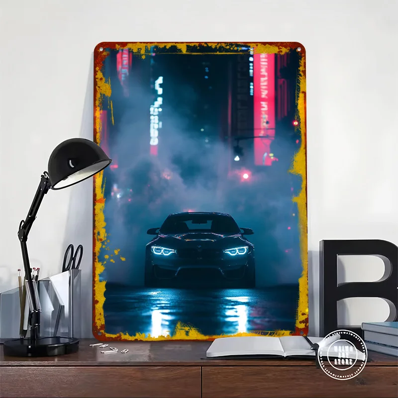 M4 F82 Burnout in City At Night Tin Poster Customized Wall Art Retro Vintage Metal Signs for Fans Room Home Decorations House