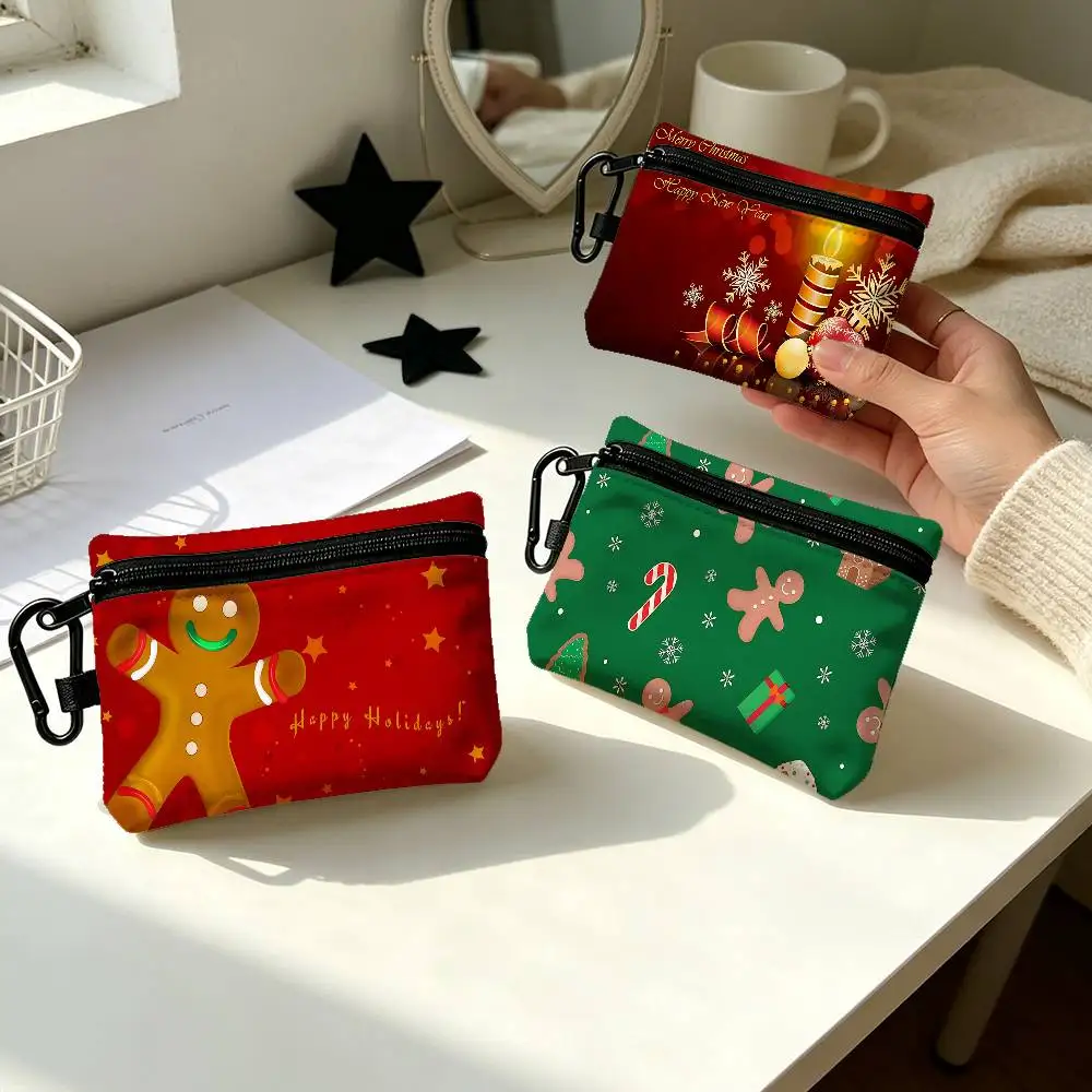 Gingerbread Man Portable Oxford Fabric Mini Wallet Carabiner Design Small Coin Bag For Cards Keys Earphones