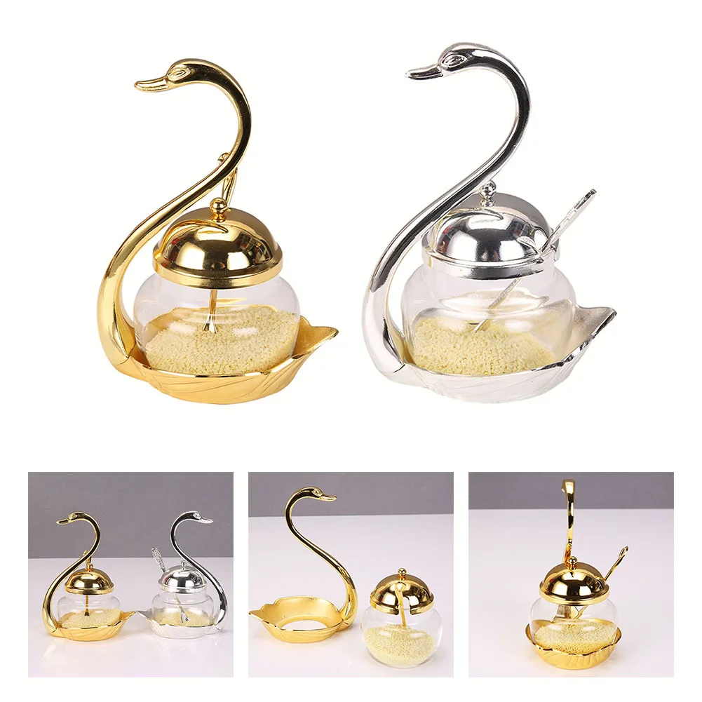 Swan Seasoning Can With Spoon Swan Sugar Cup Cruet Condiment Pot Container Spice Glass Jar Swan Rack Household Supply Salt Sugar