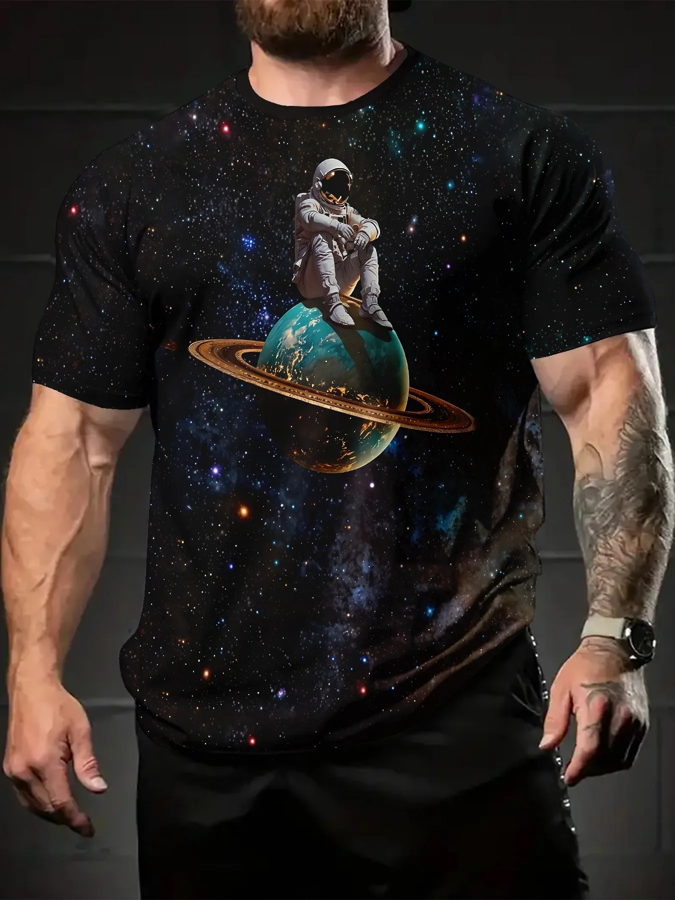 Men'S Space Exploration T-Shirt Astronaut Planet Cosmic Print Black Casual Summer Outfits Weekend Casual Wear Cosmic Print Tee
