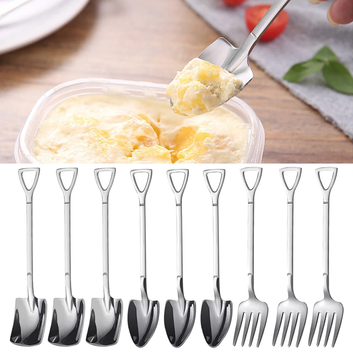 

9pcs/Pack Creative Stainless steel square spade spade fork pointed shovel said dessert cake fork spoon fruits