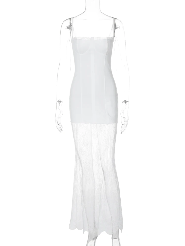 Hugcitar 2024 elegante blanco resbalones Patchwork encaje Sexy ajustado Maxi vestido de verano mujeres moda traje playa fiesta Festival al por mayor