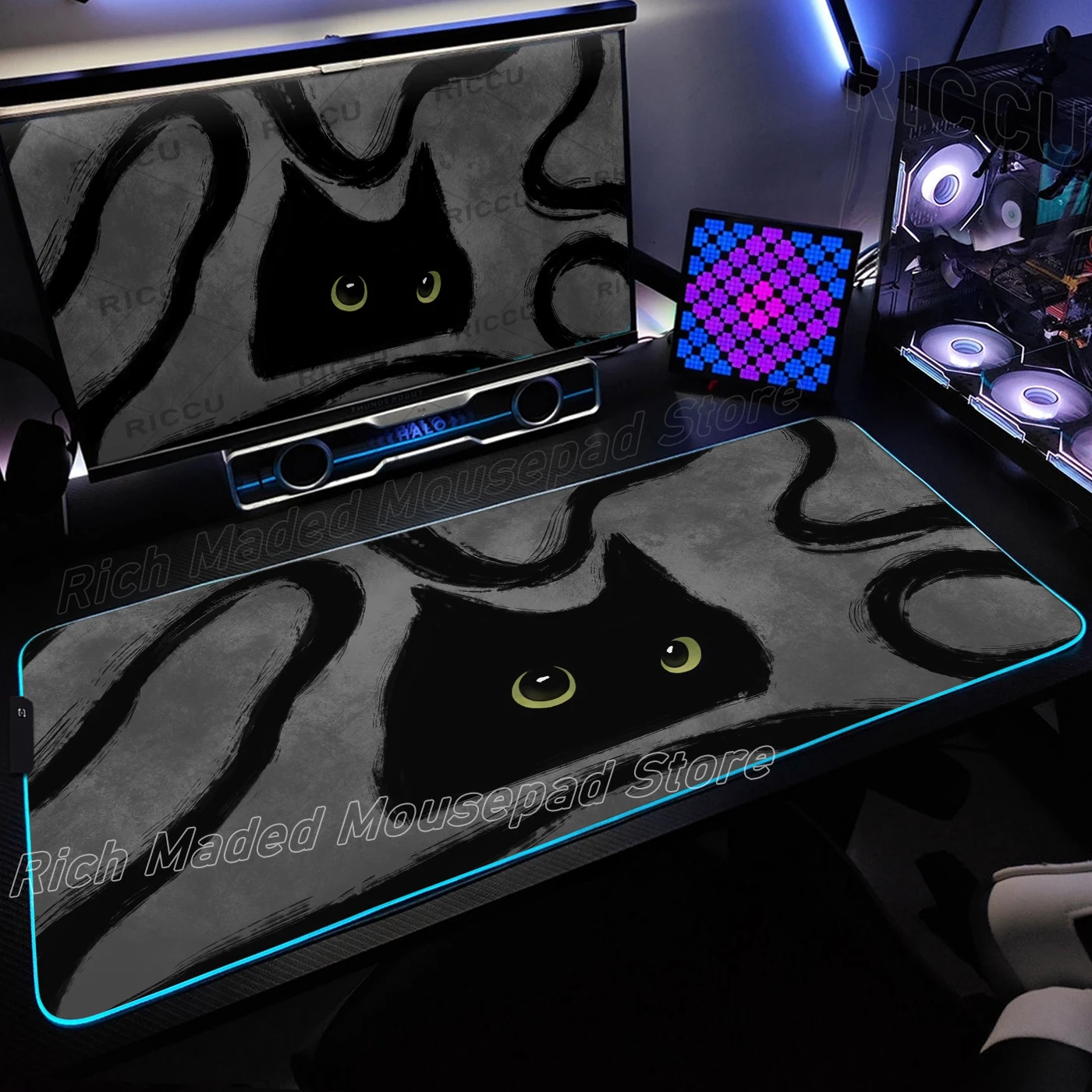 Alfombrilla de ratón RGB para Gamer, alfombrilla de escritorio de gato negro con tinta bonita de dibujos animados, alfombrilla LED brillante para teclado y ratón, alfombrilla de goma para ordenador para juegos