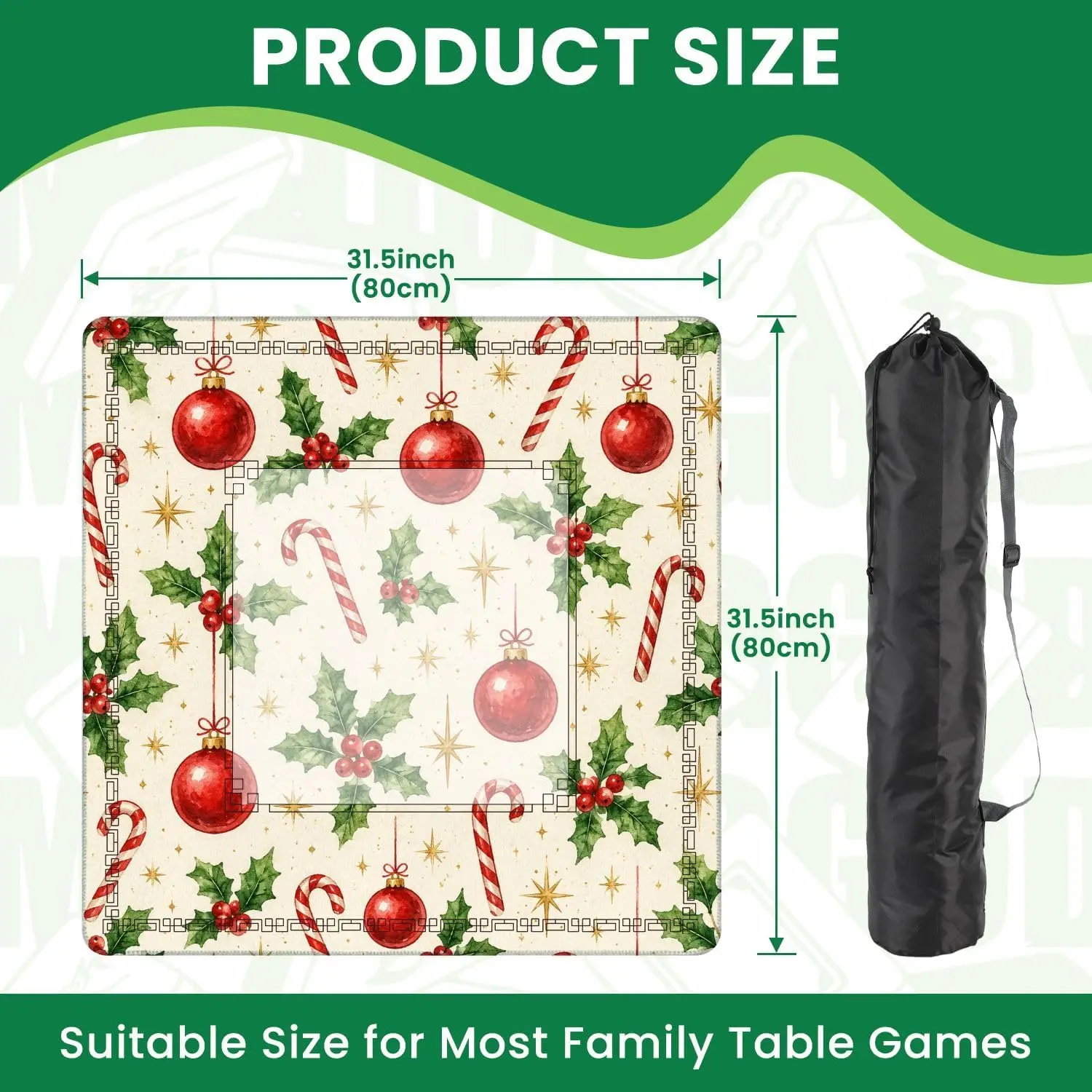 31.5x31.5 Christmas Red Baubles Holly Candy Canes Golden Stars Mahjong Mat Non‑slip Noise Reduction Table Cloth for Poker Card G