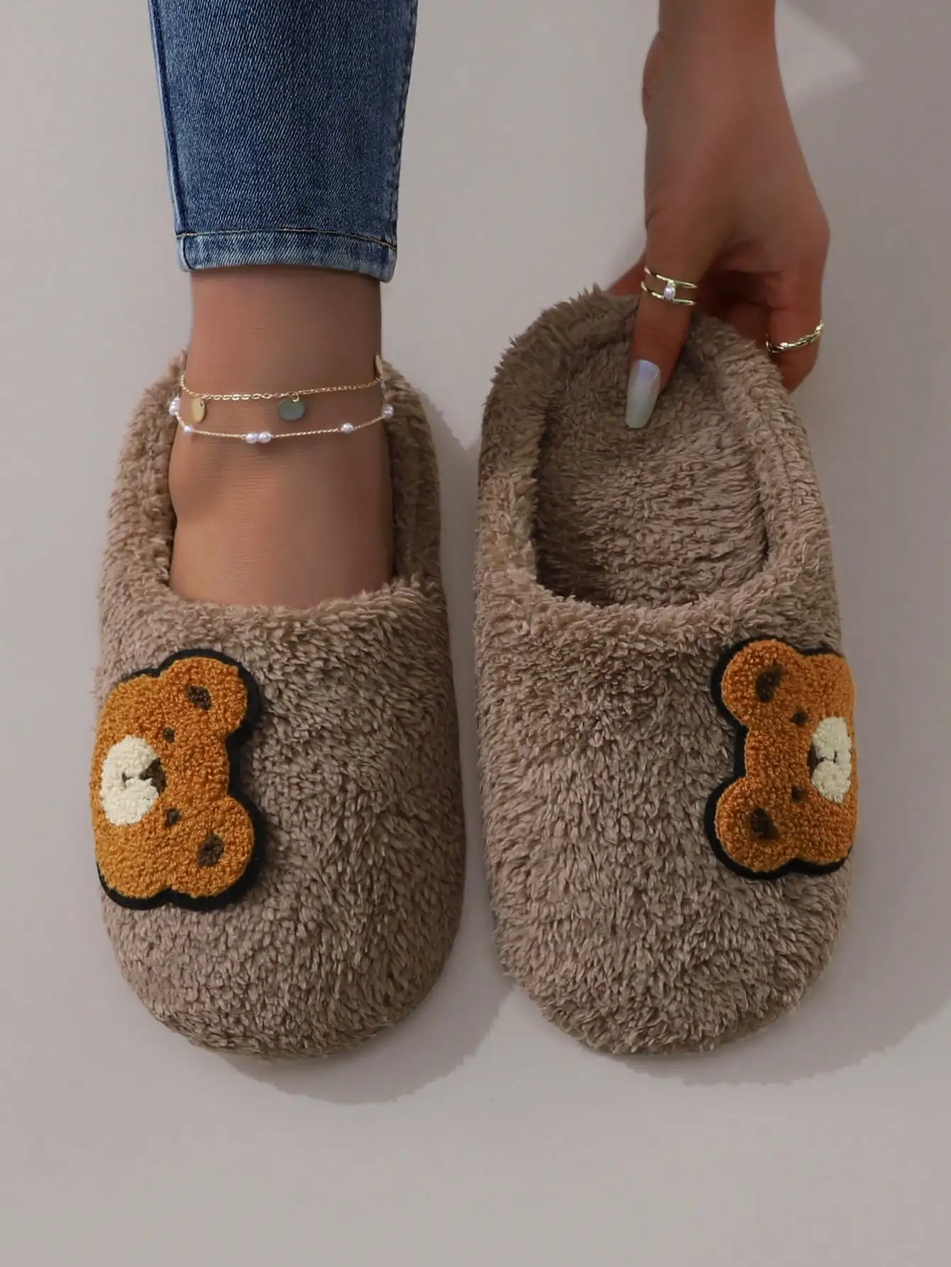 Fall/Winter Cute Cartoon Embroidered Bear Plush Silent Soft Bottom Slippers, Women Indoor Floor Slipper Socks,Fluffy Slippers.sx2401025103146145