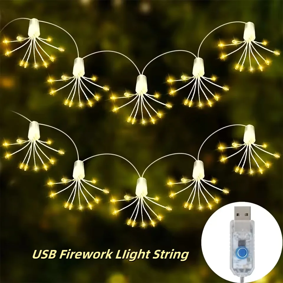 6M 200Leds 5V Warm White String Lights Silver Copper 8 Mode Firework Fairy Lights Outdoor For Christmas Decoration 2pcs/Lot