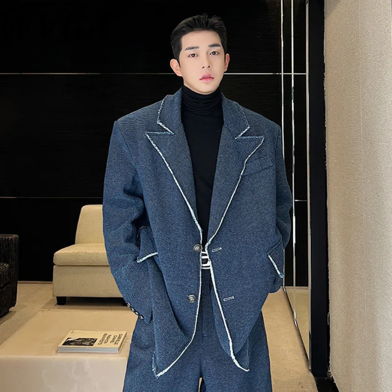 WVGA Spring Autumn New Men Denim Washed Frayed Shoulder Padded Blazer Niche Chic Casual Turn-Down Collar Suit Jackets Ins W17296