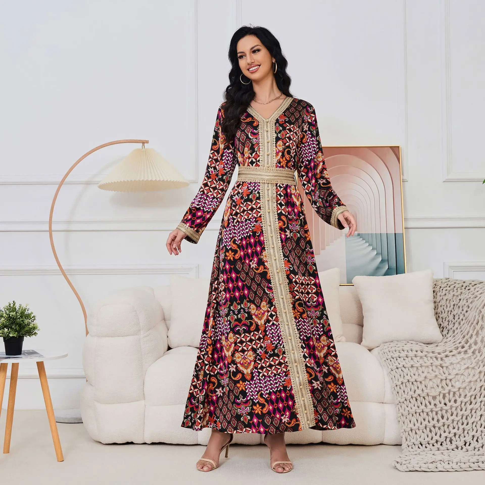 Eid Classy Muslim Women Robe Ramadan Morocco Printed Party Dress Dubai Long Sleeves Casual Abayas Lady Formal Banquet Kaftan New