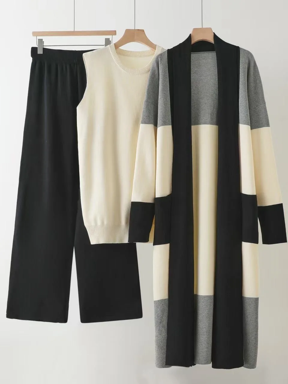 

Fashionable Loose Knitted Open Cardigan And Wide Leg Pants Set Casual Leisure Three Piece Suit for Women Spring Summer 2026