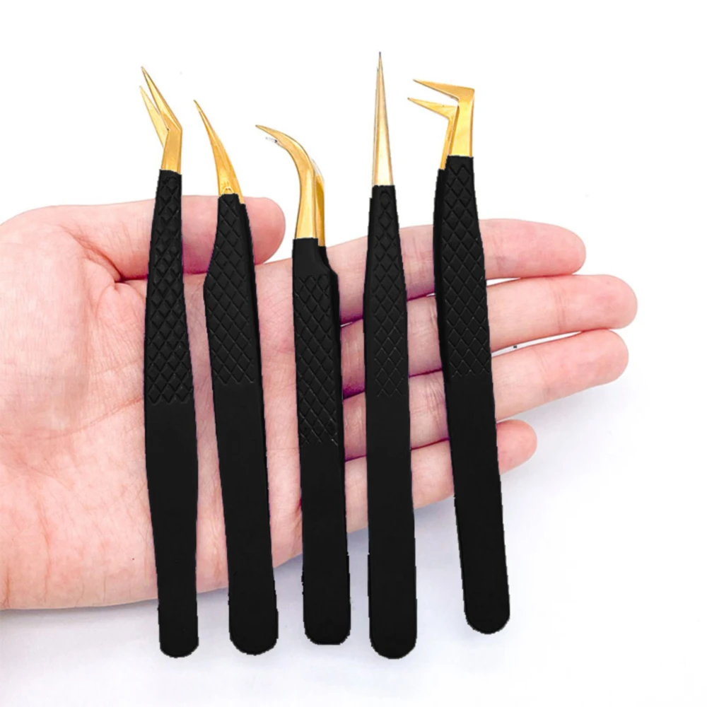 Eyelash Tweezer Black Stainless Steel Superhard Precision Anti-Static Tweezers Grafting Lashes Extension Supplies Makeup Tools