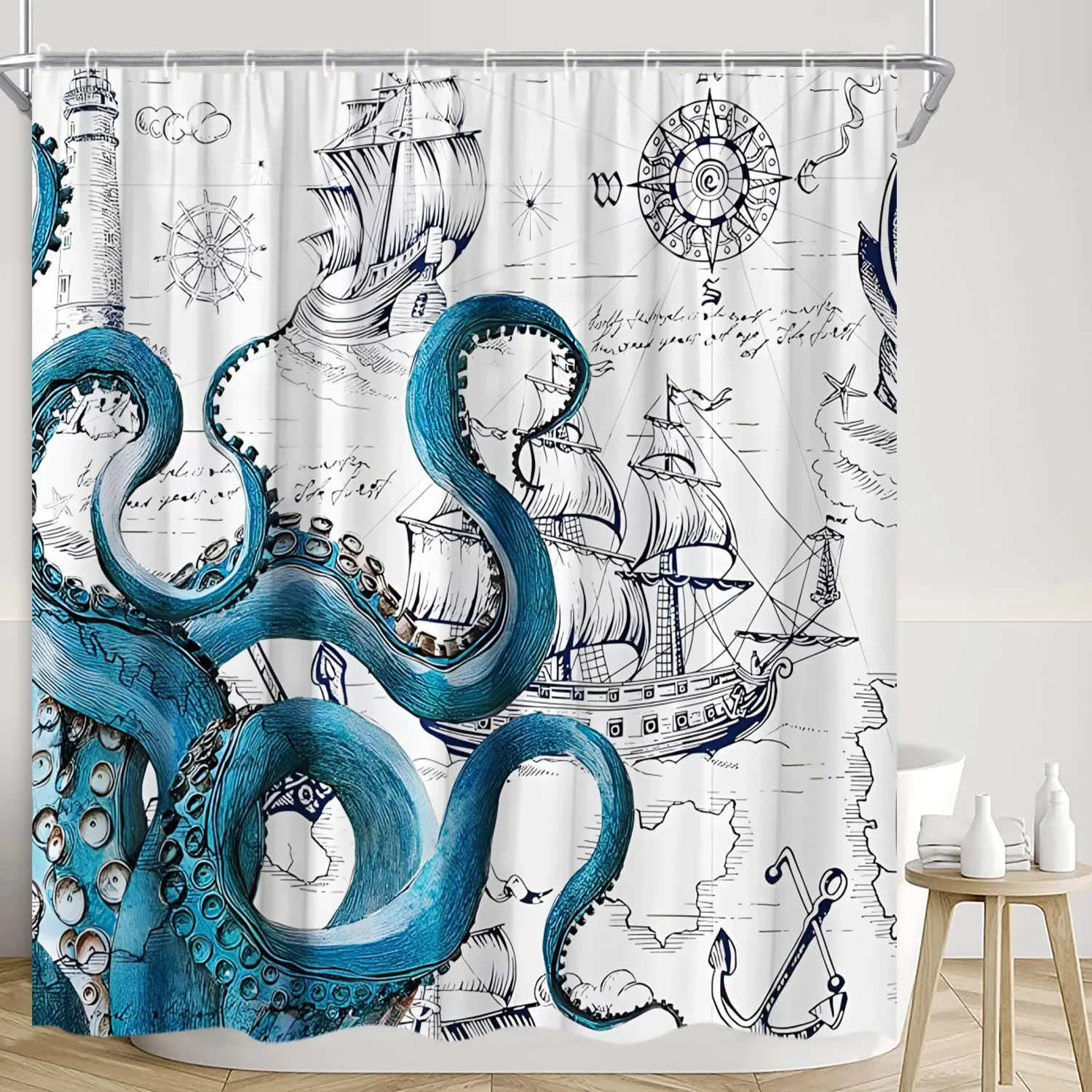 Vintage Nautical Shower Curtain Lighthouse Ship Anchor Octopus Starry Sailboat Adventure Polyester Fabric Bathroom Decor Curtain